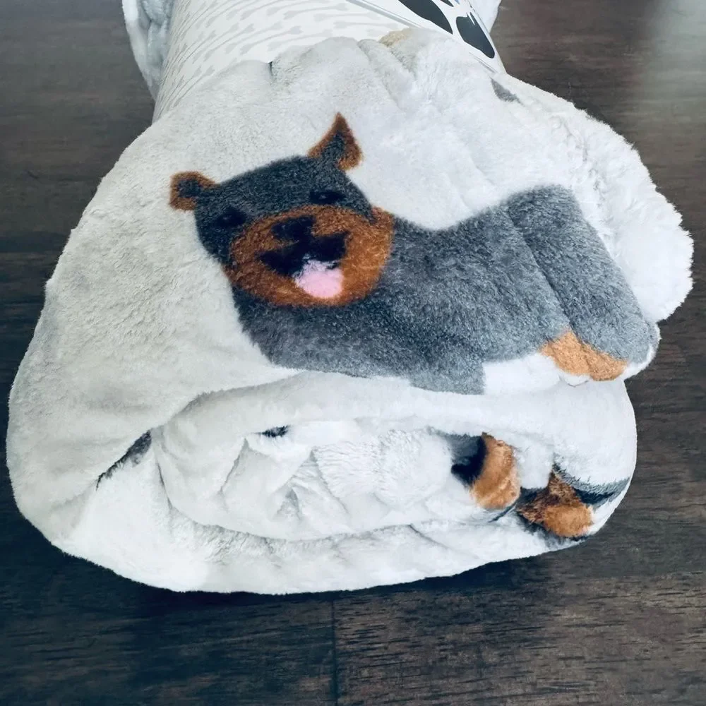 Plush Adorable Puppy Dogs Print Neutral Gray Rolled Pet Throw Blanket